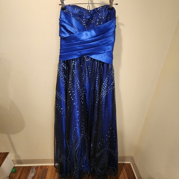 Hailey Logan Adrianna Papell navy blue sparkle long evening dress strapless 9/10 - Picture 6 of 16